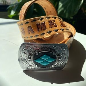 Mens leather belt with fake turquoise buckle